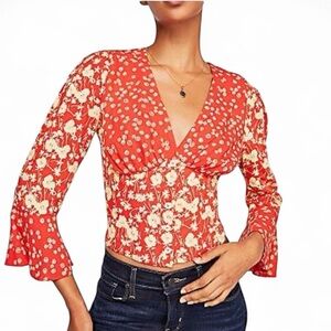 Free People Blouse Orange Ditsy Floral Bell Sleeve Crop Top Smocked Back V Neck